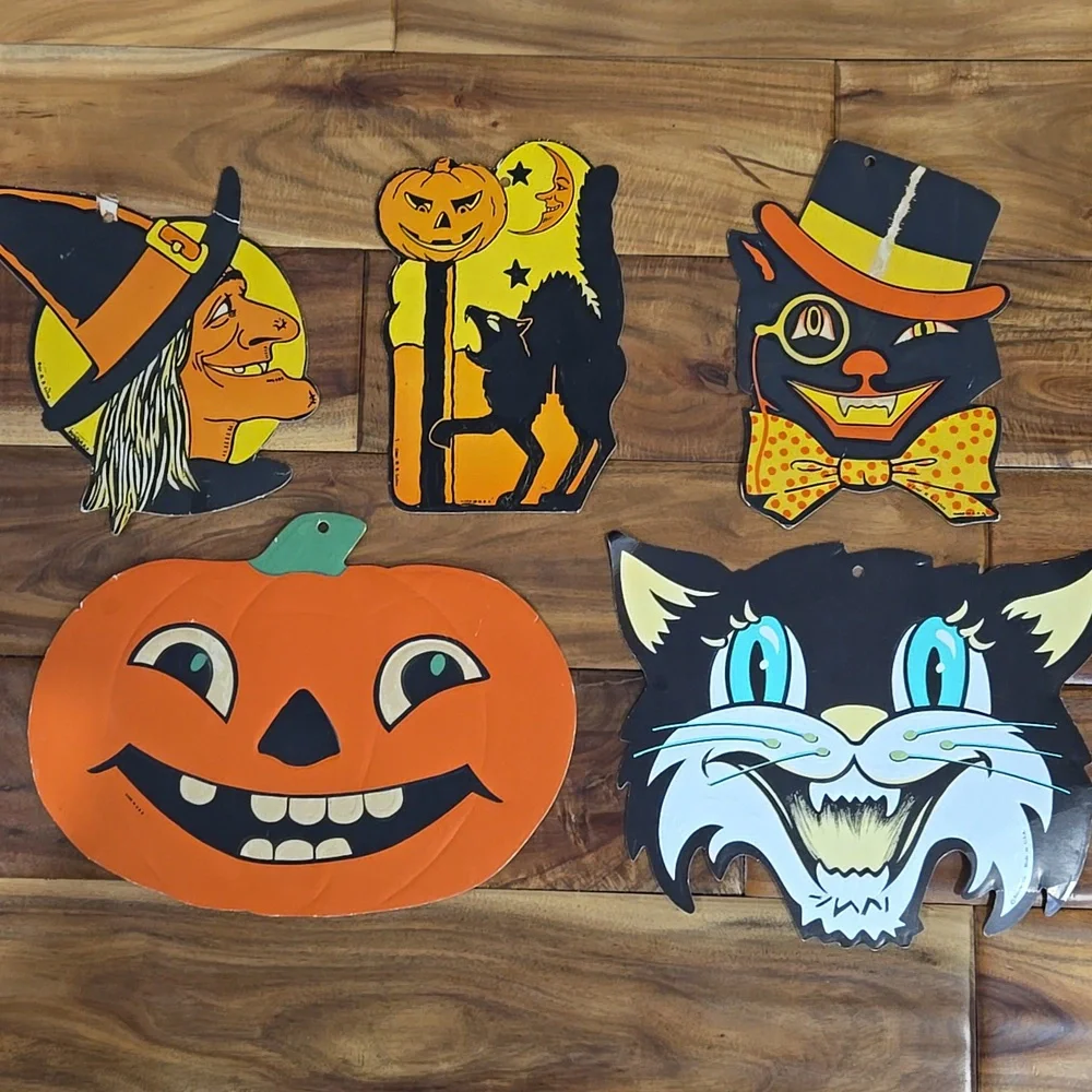 Vintage H.E. Luhrs Die-Cut USA Cardboard Halloween Decor Cat  Witch‎ Pumpkin